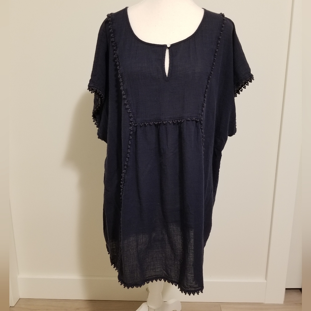 J.Crew Women's Size XL Navy Blue Pom-Pom Tunic Swim Cover Up